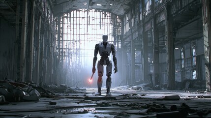 An abandoned warehouse with a modern robot holding a tool amid debris. A futuristic robot holding a glowing tool in an abandoned warehouse.