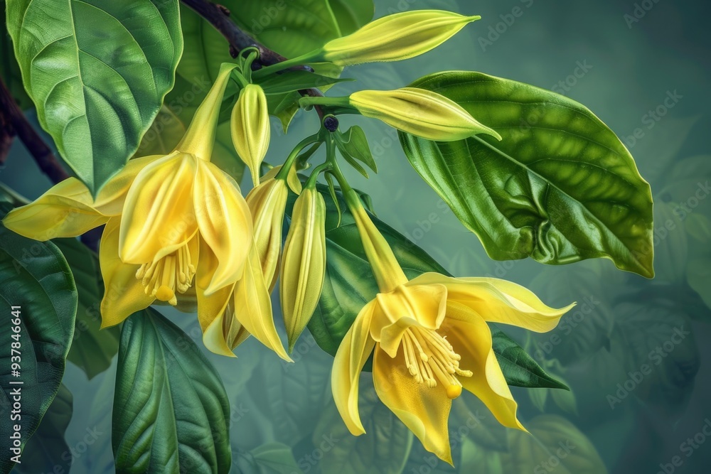 Poster a close-up shot of a single yellow flower on a plant, ideal for use in editorial or commercial conte