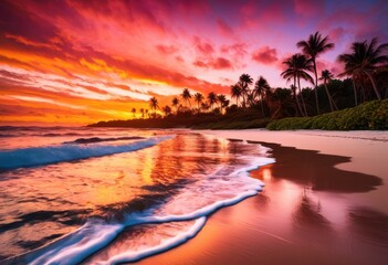 Obraz premium vivid coastal sunset shadowy beach outlines creating stunning visual contrast warm hues dark silhouettes along shoreline, ocean, coastline, sky, horizon