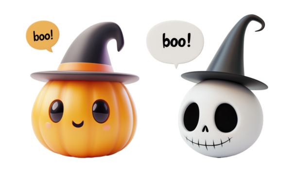 3d skull and pumpkin characters saying boo
