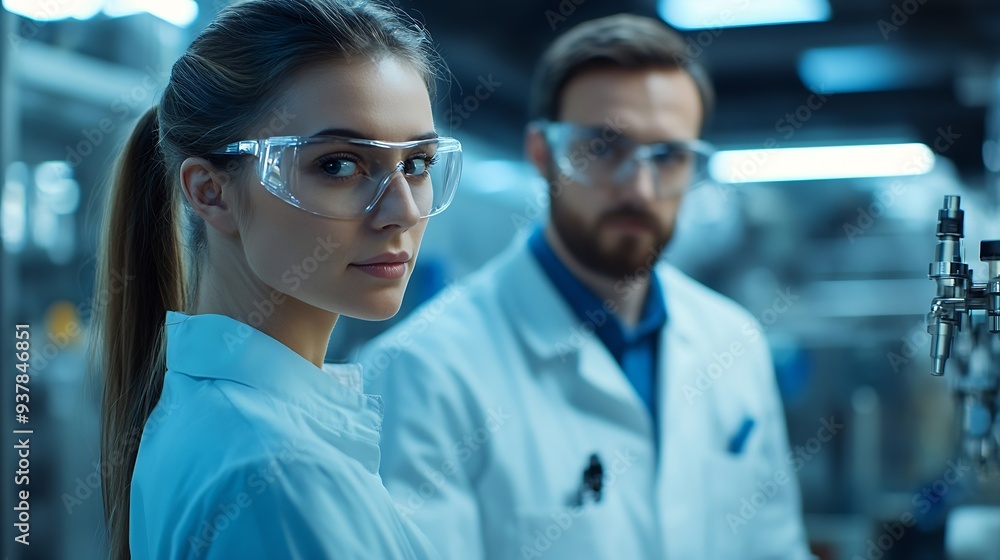 Poster Handsome manager train female technician to work in automated production factory Industrial engineer teamwork standing in manufacturing facility discussing machinery technology in high : Generative AI