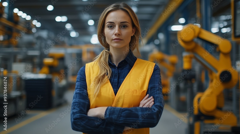 Leinwandbilder female project manager standing in modern industrial factory manufacturing facility with robotics ro