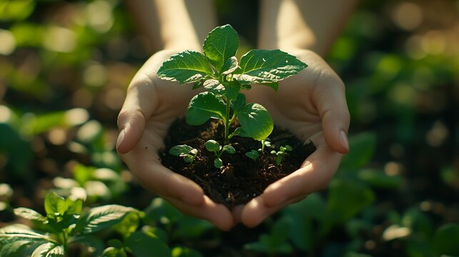 Person nature and plant for ecology with hands earth day with support for environment and natural recourses Agriculture eco friendly and green energy for sustainability collaboration a : Generative AI