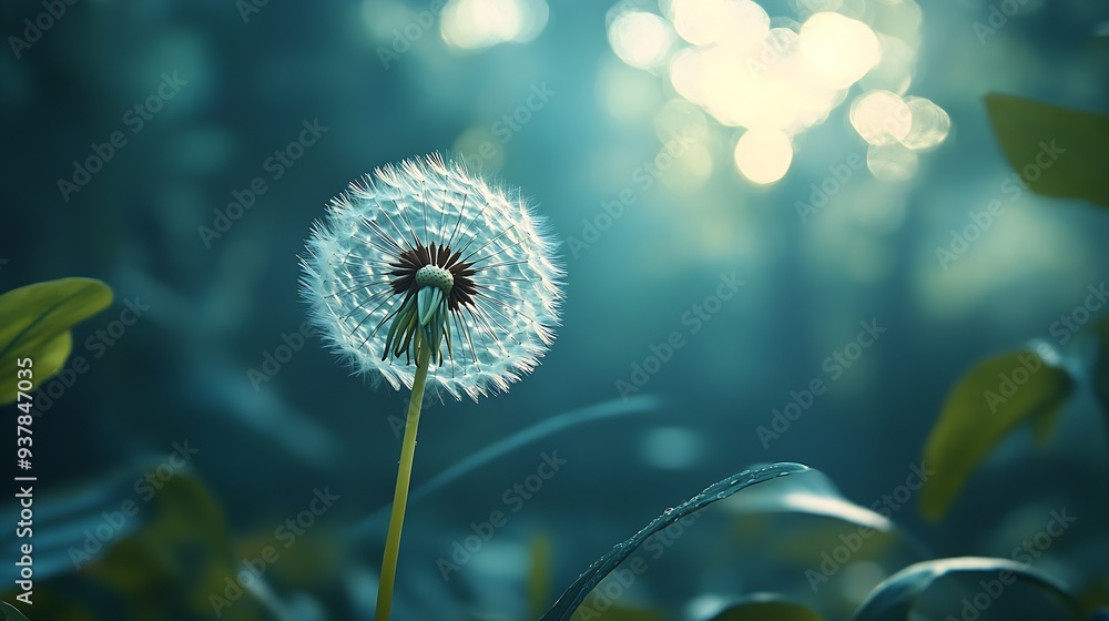 Poster White dandelion in a summer forest Macro image shallow depth of field Abstract summer nature background : Generative AI