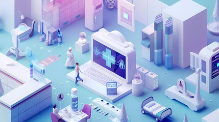 Obraz premium Isometric online medical consultation health care in paper cut style,stockphoto style