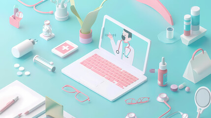 Isometric online medical consultation health care in paper cut style,stockphoto style