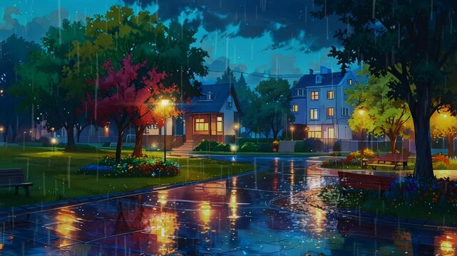 House in the city during a rainy night Seamless looping 4k time-lapse virtual video animation background