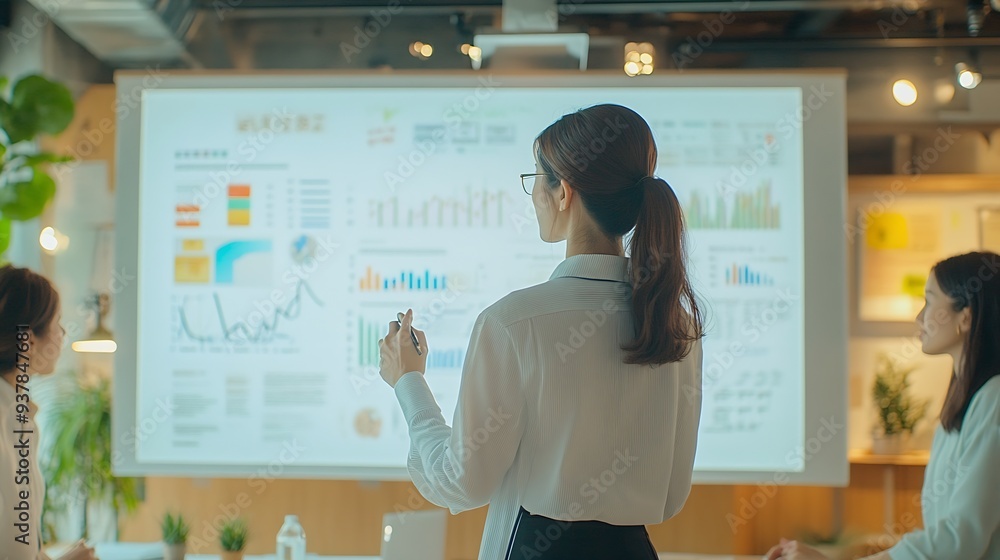 Aufkleber Woman business people and presentation on whiteboard in boardroom with ideas review or planning Group team and brainstorming with finance with planning feedback and speaker with info i : Generative AI