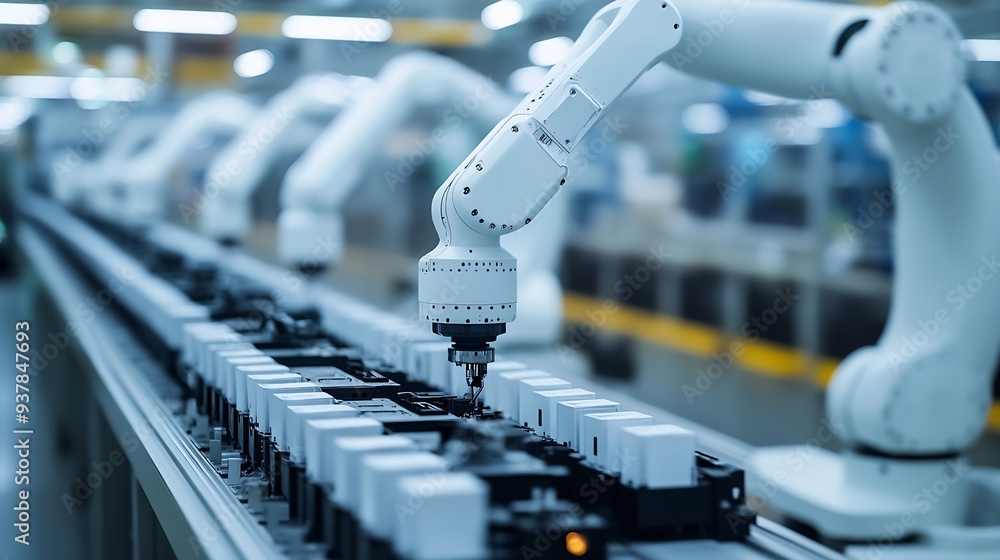 Aufkleber row of white robotic arms at automated production line at factory electric car manufacturing line in