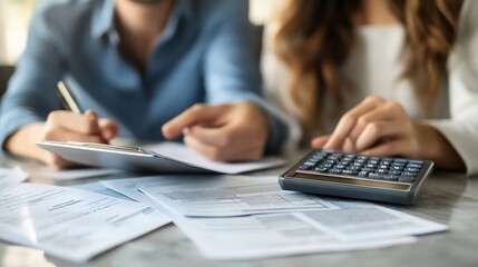 Calculator financial documents or happy couple with budget paperwork notes or planning savings Writing smile or people organizing bills checklist for paying debt finance or household e : Generative AI