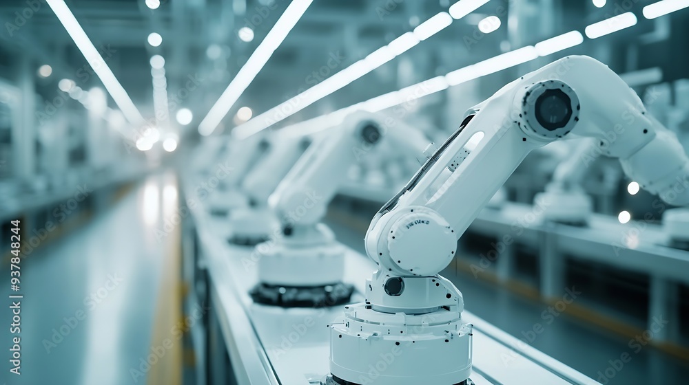 Aufkleber row of white robotic arms at modern factory lithiumion ev battery pack production at automated assem