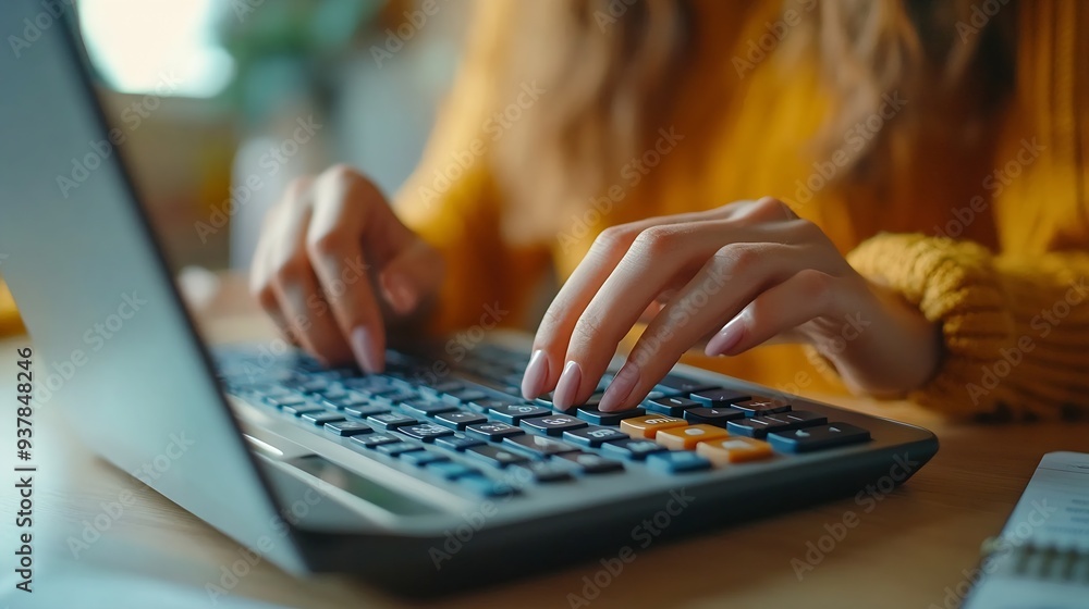 Aufkleber doing finance budgeting and tax calculation close up woman hand using calculator to calculate home f