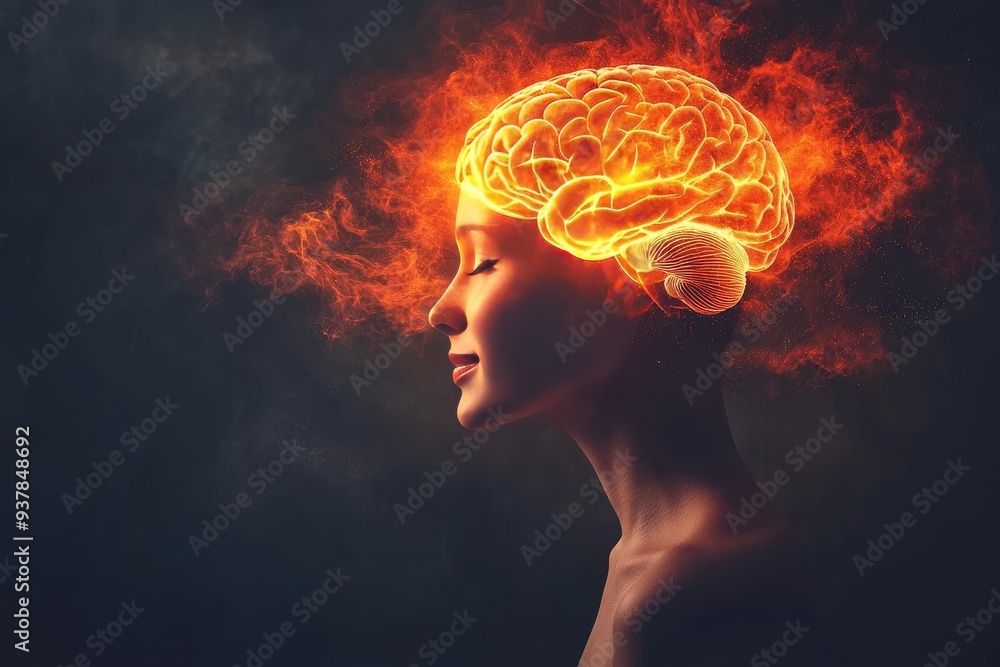 Poster a serene woman with golden light surrounding her head symbolizing the peaceful flow of thoughts and 
