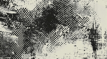 An abstract grunge background featuring a halftone pattern on vintage paper creates a textured and detailed monochrome effect. This high-resolution, hyper-realistic design showcases intricate details 