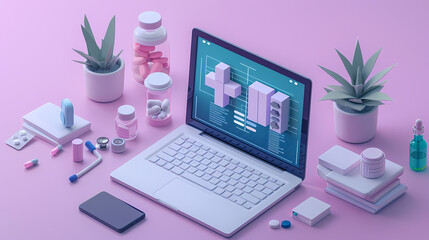 Isometric online medical consultation health care in paper cut style,stockphoto style