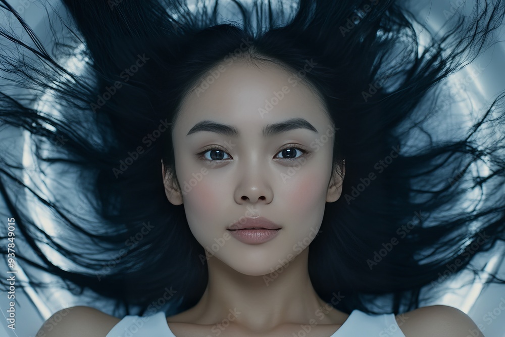 Poster a woman lying with hair spread out and digital connections symbolizing the integration of technology