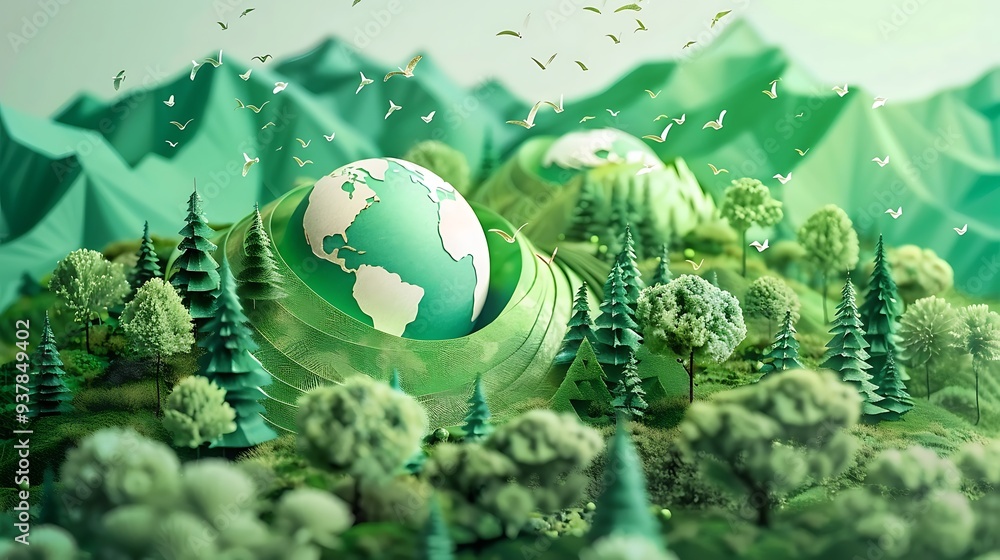 Poster miniature world with a green globe nestled in a lush forest with mountains in the background. the im