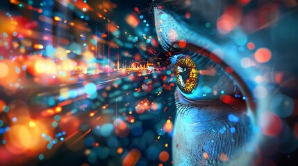 Human eye rendered with digital effects, appearing to see the future through a sea of data.