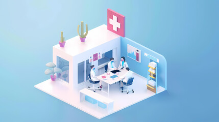 Isometric online medical consultation health care in paper cut style,stockphoto style