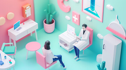 Isometric online medical consultation health care in paper cut style,stockphoto style