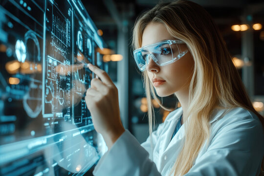 A scientist in lab attire operating a futuristic touch interface with holographic displays, depicting advanced technology.