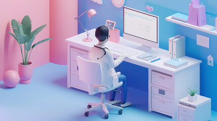 Isometric online medical consultation health care in paper cut style,stockphoto style