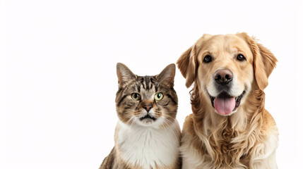 Portrait of a dog and a cat on a white background, isolated in a studio setting, representing domestic pets and friendship