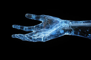 Fototapeta premium A high-tech transparent robotic hand emits a blue glow, symbolizing advanced technology and futuristic innovation.