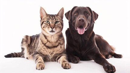 Portrait of a dog and a cat on a white background, isolated in a studio setting, representing domestic pets and friendship