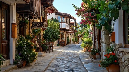 Traditional street in the old town of Sozopol Bulgaria : Generative AI