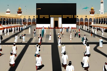 A detailed artwork featuring various figures walking around the Kaaba, symbolizing harmony and religious devotion.