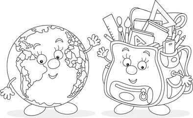 Funny cartoony schoolbag and school globe friendly smiling and waving in greeting before start of classes, black and white outline vector illustration for a coloring book