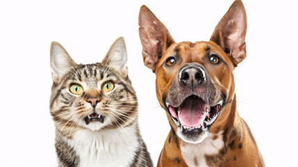 Obraz premium Portrait of a dog and a cat on a white background, isolated in a studio setting, representing domestic pets and friendship