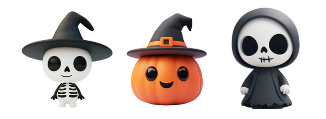 3d skull and pumpkin halloween heads on transparent background