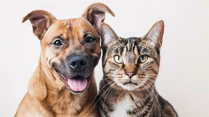Fototapeta premium Portrait of a dog and a cat on a white background, isolated in a studio setting, representing domestic pets and friendship