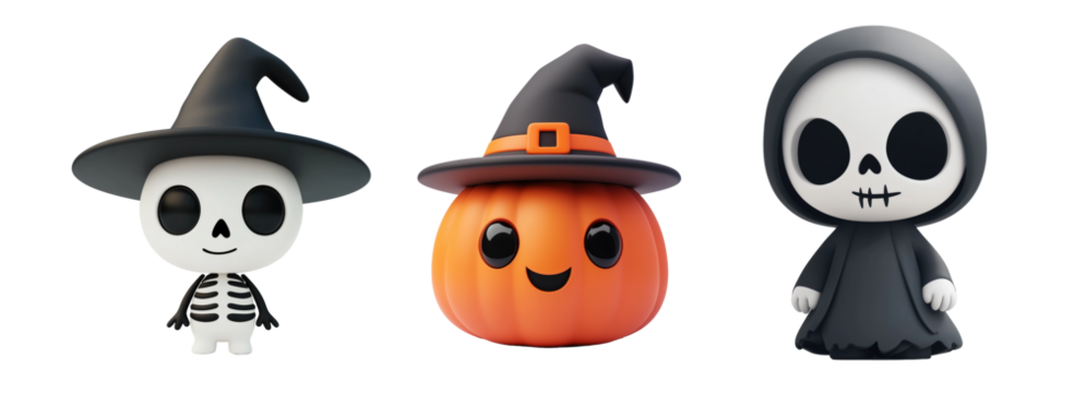 3d skull and pumpkin halloween heads on transparent background - Powered by Adobe