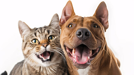 Obraz premium Portrait of a dog and a cat on a white background, isolated in a studio setting, representing domestic pets and friendship