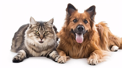 Portrait of a dog and a cat on a white background, isolated in a studio setting, representing domestic pets and friendship