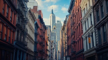 Obraz premium New York City Architectural Landscape with high rising landmark buildings in the historic district of Soho Lower Manhattan USA : Generative AI