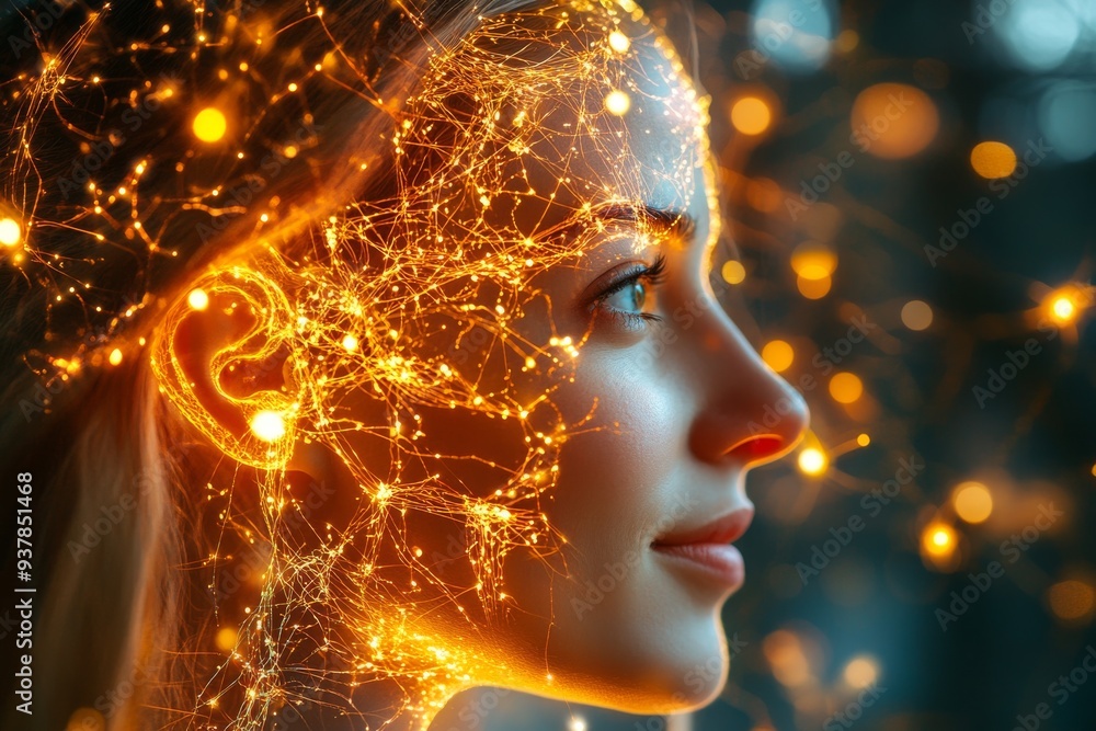 Poster a woman with glowing neural connections on her face symbolizing the dynamic interplay between intell