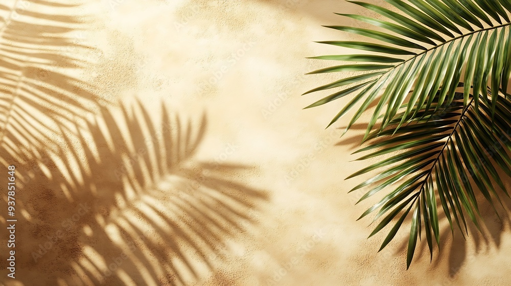 Aufkleber Natural palm leaf shadow on light beige sandy color background banner with copyspace Summer minimal concept daylight in sunny day top view plant sun shade nature environment pattern ne : Generative AI