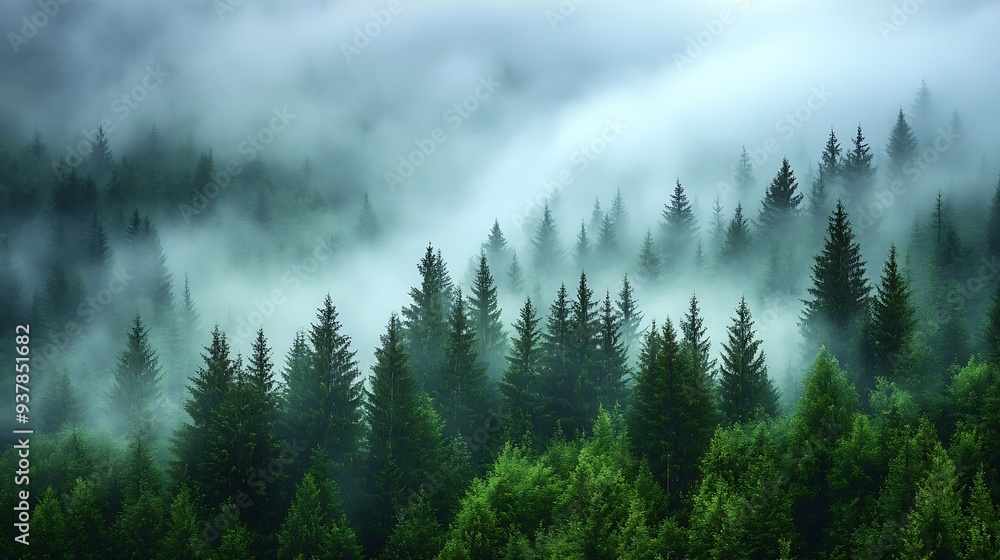 Poster misty spruce forest with low clouds in mountains natural background and atmospheric weather conditio