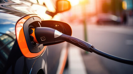 Close-up of an electric car charging. Electric Vehicles. Еarth day, national drive electric week, world environment day.