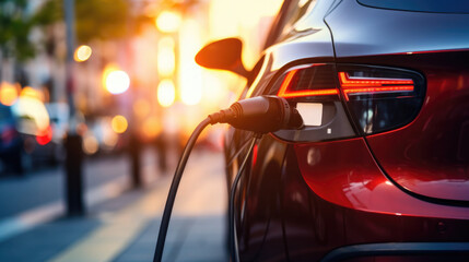 Close-up of an electric car charging. Electric Vehicles. Еarth day, national drive electric week, world environment day.
