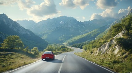 Road landscape with red car in nature scene View of travel by car on mountain road on sunny day Car driving in the beautiful nature of Europe Nature scenery on highway in green mountai : Generative AI