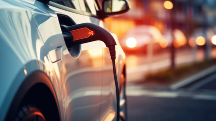 Close-up of an electric car charging. Electric Vehicles. Еarth day, national drive electric week, world environment day.