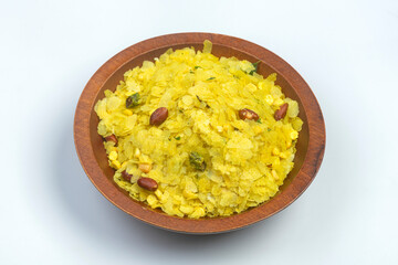 High angle studio shot of popular Indian Breakfast and Snack Nylon Chivda