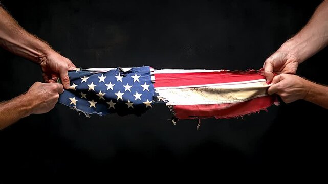 Four hands tearing apart a distressed american flag, concept of conflict and division in america.