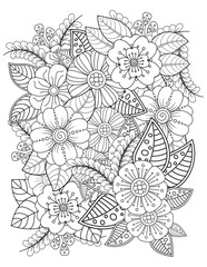 Black and white flower pattern for adult coloring book. Doodle floral drawing. Art therapy coloring page. Black and white flower pattern for adult coloring book. Doodle floral drawing. Art therapy