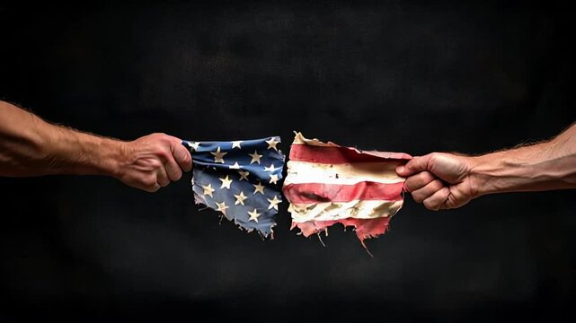 Two hands pulling apart tattered american flag, concept of division and political conflict.